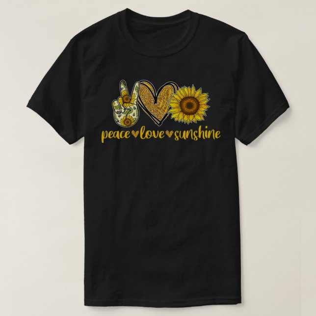 Peace Love Sunshine  Gold Heart Sunflower Hippie  T-Shirt (Design Front)