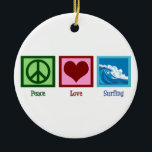 Peace Love Surfing Ceramic Tree Decoration<br><div class="desc">A peace sign,  heart,  and the beautiful ocean surf. A great gift for a surfer.</div>
