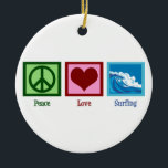 Peace Love Surfing Ceramic Tree Decoration<br><div class="desc">A peace sign,  heart,  and the beautiful ocean surf. A great gift for a surfer.</div>