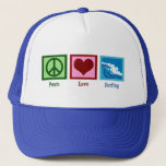 Peace Love Surfing Trucker Hat<br><div class="desc">A peace sign,  a heart,  and beautiful blue waves crashing in the ocean.</div>