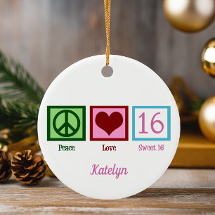 Peace Love Sweet 16 Cute 16th Birthday Custom Ceramic Tree Decoration