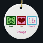 Peace Love Sweet 16 Cute 16th Birthday Custom Ceramic Tree Decoration<br><div class="desc">The perfect sixteenth birthday gift for a teenage girl. Peace Love Sweet 16 with your pretty monogram in pink.</div>