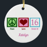 Peace Love Sweet 16 Cute 16th Birthday Custom Ceramic Tree Decoration<br><div class="desc">The perfect sixteenth birthday gift for a teenage girl. Peace Love Sweet 16 with your pretty monogram in pink.</div>