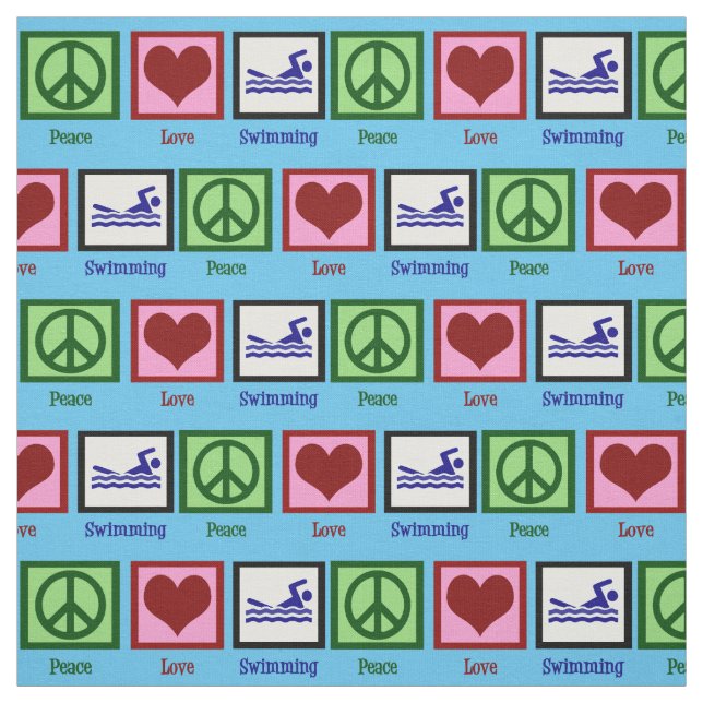 Peace Love Swimming Cute Swim Team Blue Fabric (Swatch)