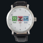 Peace Love Swimming Cute Swim Team Watch<br><div class="desc">Peace Love Swimming watch. This cute Christmas swim gift features a peace sign,  heart,  and a swimmer at a swim meet. Cool swim team coach wristwatch present.</div>