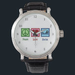 Peace Love Swimming Cute Swim Team Watch<br><div class="desc">Peace Love Swimming watch. This cute Christmas swim gift features a peace sign,  heart,  and a swimmer at a swim meet. Cool swim team coach wristwatch present.</div>