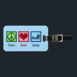 Peace Love Swimming Luggage Tag<br><div class="desc">A cute swim gift with a peace sign,  heart,  and a swimmer on a pretty pool blue background. A cool swim team present for a coach.</div>