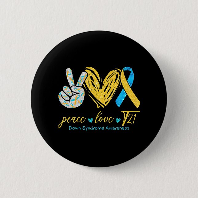 Peace Love T21 Blue Yellow Ribbon Down Syndrome 6 Cm Round Badge (Front)
