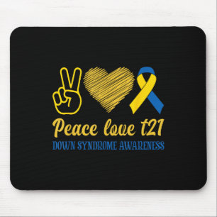 Peace Love T21 Blue Yellow Ribbon Down Syndrome Mouse Pad