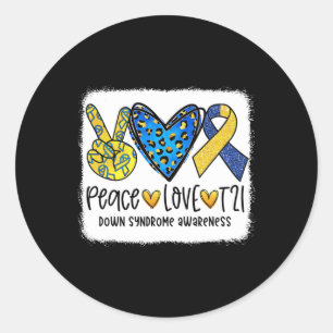 Peace Love T21 Cure Blue Yellow Down Syndrome Awar Classic Round Sticker