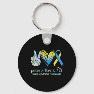 Peace Love T21 Down Syndrome Awareness Blue Yellow Key Ring