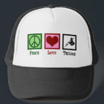 Peace Love Tattoos Cute Tattoo Artist Gun Trucker Hat<br><div class="desc">Peace Love Tattoos. A cool tattoo artist gift with a peace sign,  heart,  and tattoo gun for a tattooist. Cute tattooer present.</div>