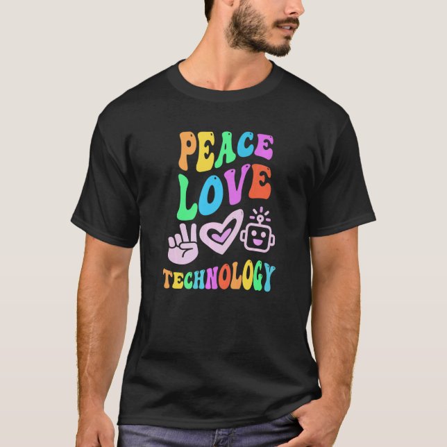 PEACE LOVE TECHNOLOGY Retro Computer Teacher Groov T-Shirt (Front)