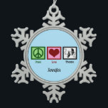 Peace Love Theatre Cute Monogram Actor Snowflake Pewter Christmas Ornament<br><div class="desc">A peace sign,  heart,  and drama masks symbolising acting. A cute theatre Christmas ornament for an actor in drama club or a theatre company. Peace Love Theatre.</div>