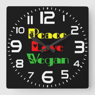 PEACE LOVE VEGAN Cool, Retro Square Wall Clock