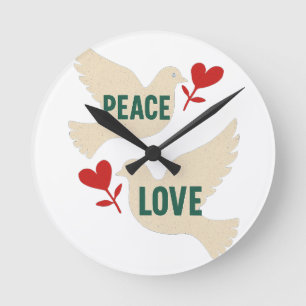 Peace & Love Vintage Dove Art with Heart Motif Round Clock