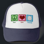 Peace Love Volleyball Trucker Hat<br><div class="desc">A peace sign,  heart,  and a pretty volleyball on a blue square. I love volleyball,  beach,  indoor,  you name it!</div>