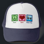 Peace Love Water Polo Trucker Hat<br><div class="desc">Peace Love Water Polo. Cute water polo team player gift for a cool sports coach.</div>