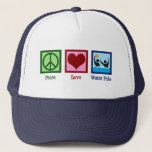 Peace Love Water Polo Trucker Hat<br><div class="desc">Peace Love Water Polo. Cute water polo team player gift for a cool sports coach.</div>