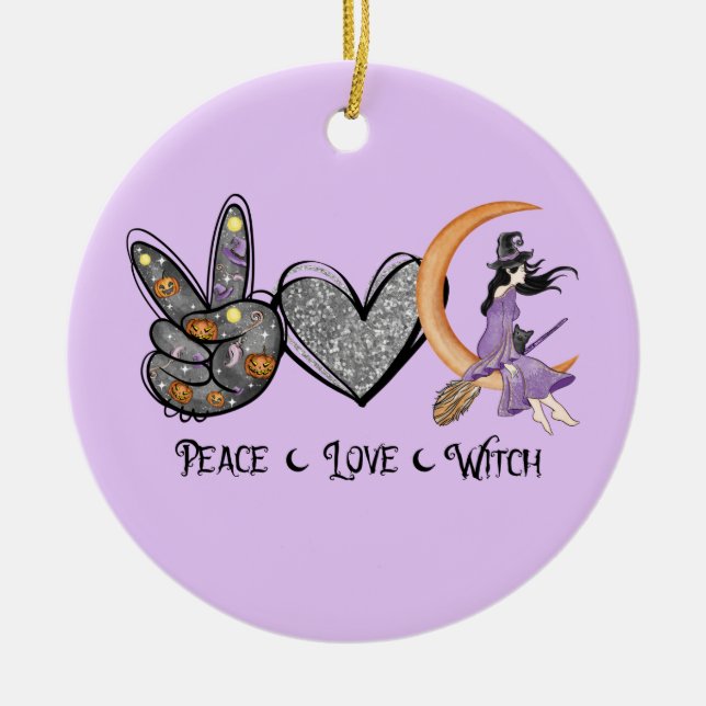 Peace, Love, Witch – Peace Sign, Heart & Witch Ceramic Tree Decoration (Front)
