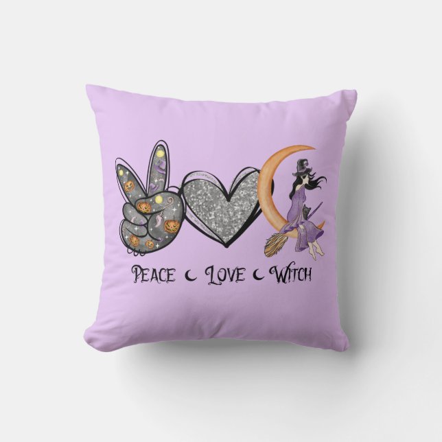 Peace, Love, Witch – Peace Sign, Heart & Witch Cushion (Front)
