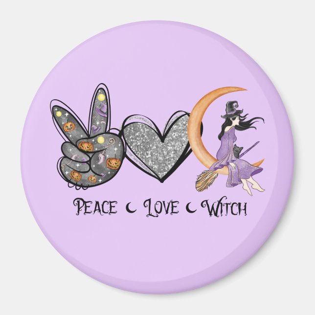 Peace, Love, Witch – Peace Sign, Heart & Witch Magnet (Front)
