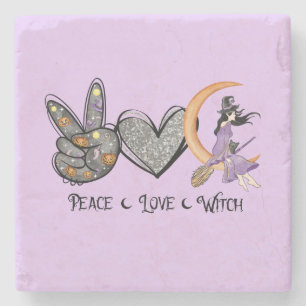 Peace, Love, Witch – Peace Sign, Heart & Witch Stone Coaster