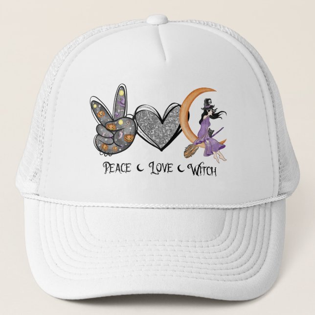 Peace, Love, Witch – Peace Sign, Heart & Witch Trucker Hat (Front)