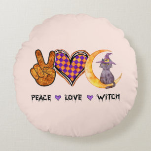 Peace, Love, Witch Round Cushion
