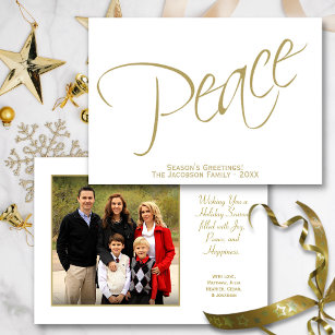 Peace. Minimalist Gold Script Typography Photo Holiday Card