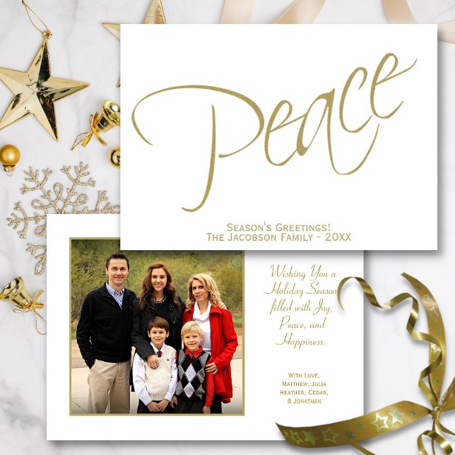 Peace. Minimalist Gold Script Typography Photo Holiday Card (In Situ Front/Back)