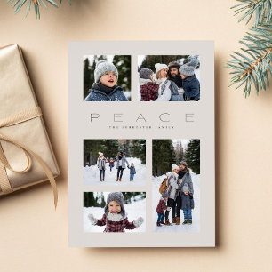 Peace modern minimal 5 photo neutral Christmas Holiday Card