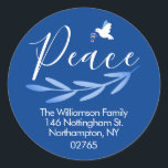 Peace Modern Script Holiday Return Address Classic Round Sticker<br><div class="desc">Discover striking blue and white "Peace" Holiday Script Classic Round Return Address Stickers,  available in 1.5-inch circles with 20 per sheet,  or in a larger 3-inch square or circle format.</div>