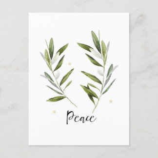 PEACE, olive leaf ,Christmas, Holiday, watercolor, Invitation Postcard