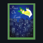 Peace on Earth Angel with Dove Flat Card<br><div class="desc">Folk Art Angel and white doves flies over a nighttime city in search of a peaceful holiday season. Peace on Earth is a wonderful message for Christmas,  Hanukkah,  or other holidays you wish to celebrate. Add your own personal message on the back.</div>