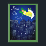 Peace on Earth Angel with Dove Flat Card<br><div class="desc">Folk Art Angel and white doves flies over a nighttime city in search of a peaceful holiday season. Peace on Earth is a wonderful message for Christmas,  Hanukkah,  or other holidays you wish to celebrate. Add your own personal message on the back.</div>