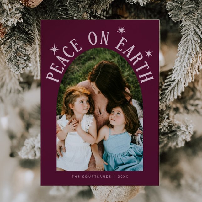 Peace On Earth Arch Photo Cranberry Christmas Holiday Card (Creator Uploaded)