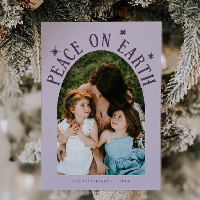 Peace On Earth Arch Photo Purple Christmas Holiday Card (Creator Uploaded)