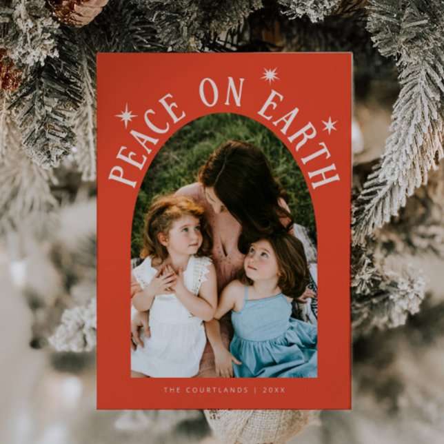 Peace On Earth Arch Photo Retro Red Christmas Holiday Card (Creator Uploaded)