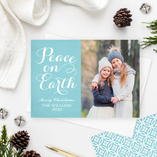 Peace on Earth Beautiful Script Aqua Photo Holiday
