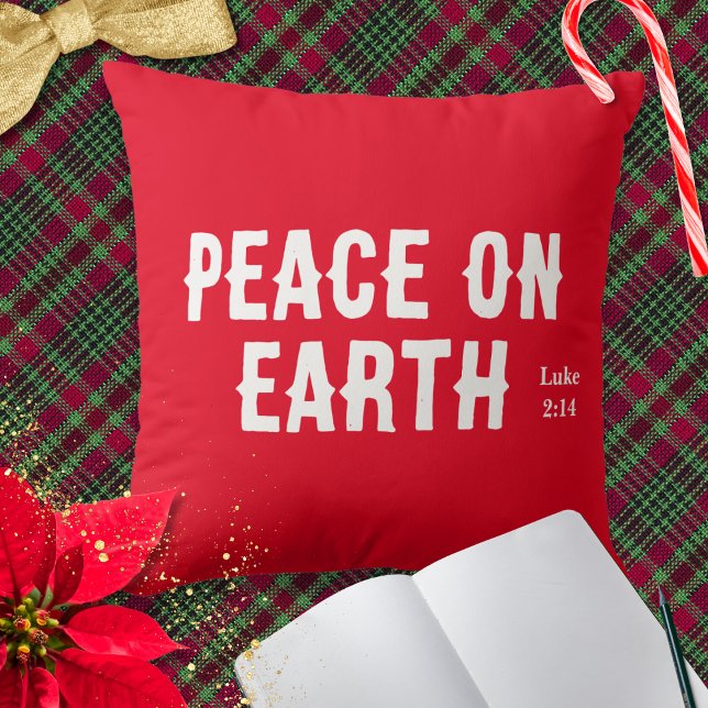 Peace on Earth Bible Verse Red Modern Christmas Cushion (A festive Christmas throw pillow cushion with 'Peace on Earth' words, in white on red)