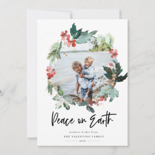 Peace On Earth Botanical Berry Wreath Photo Holiday Card