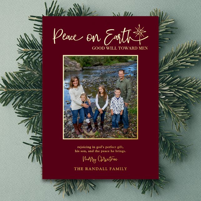 Peace on Earth Burgundy Photo Christmas Elegant (Scripture-inspired blessing celebrating God’s perfect gift and peace. Add your family name and photo)