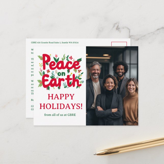 PEACE ON EARTH BUSINESS CUSTOM PHOTO Holiday Postcard (Front/Back In Situ)