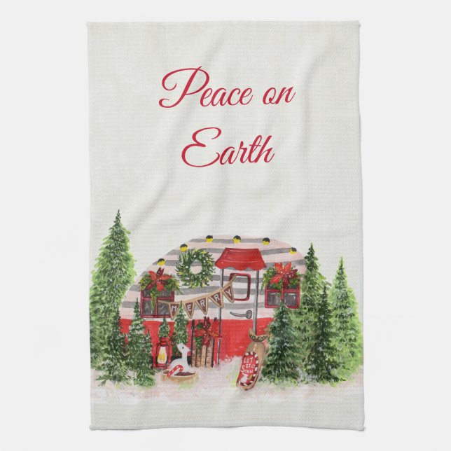 Peace on Earth Christmas Trailer Camper Rustic Tea Towel (Vertical)