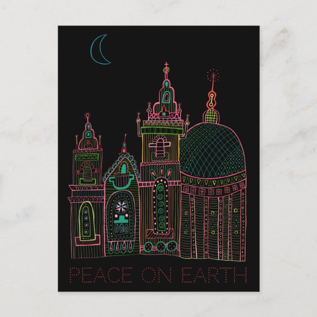 PEACE ON EARTH City Glow Bright Neon on Black  Holiday Postcard (Front)