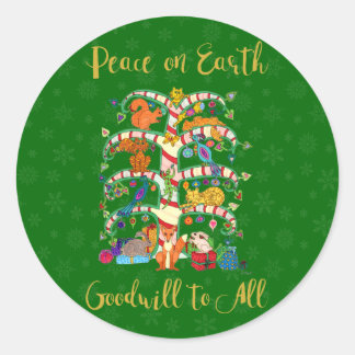 Peace on Earth Cute Animal Tree of Life Holiday Classic Round Sticker