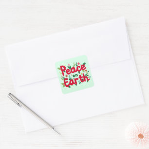 PEACE ON EARTH Cute Christmas Holiday Whimsical Square Sticker