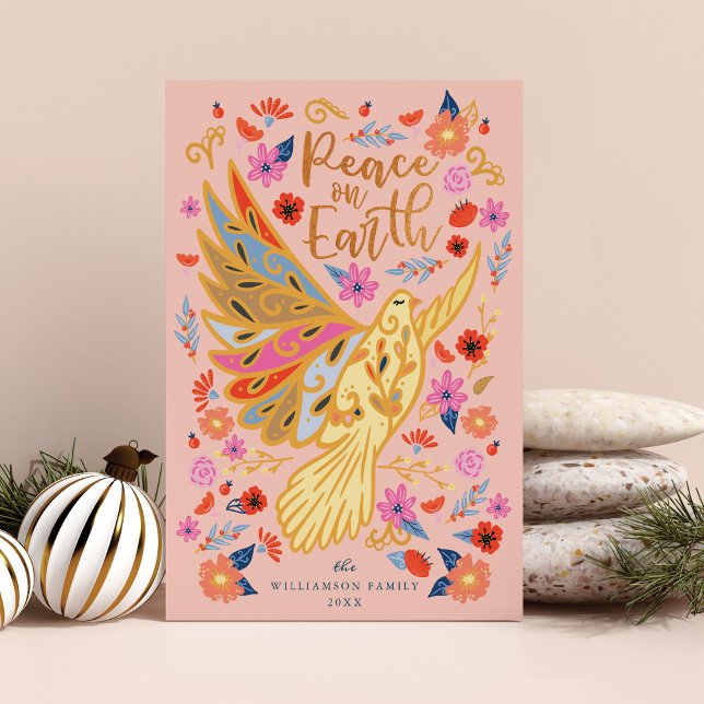 Peace on Earth Dove Floral Folk Art Blush Pink Holiday Card (Peace on Earth Dove Floral Folk Art Blush Pink Holiday Card)