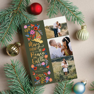 Peace on Earth Dove Floral Folk Art Green Photo Holiday Card